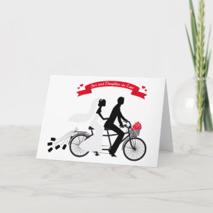 bride and groom on wedding bicycle card
