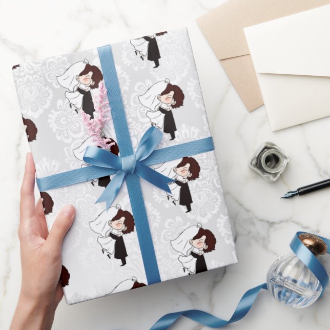 Bride And Groom on White Damask Wrapping Paper (Gifting)