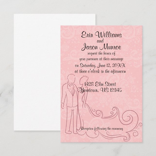 Bride and Groom Outline on Pink Lace Invitation (Front/Back)