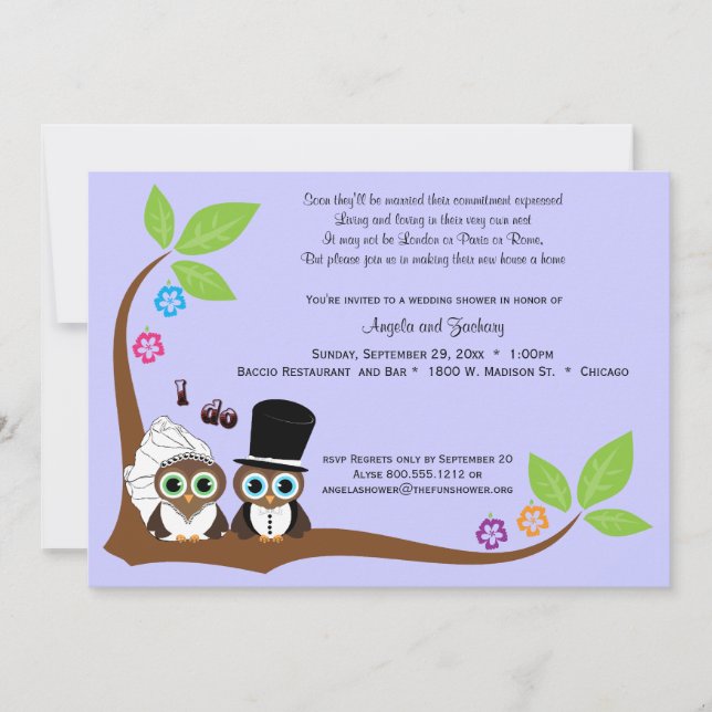 Bride And Groom Owls Lavender Background Shower Invitation (Front)