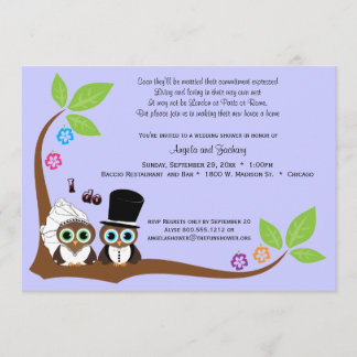 Bride And Groom Owls Lavender Background Shower Invitation