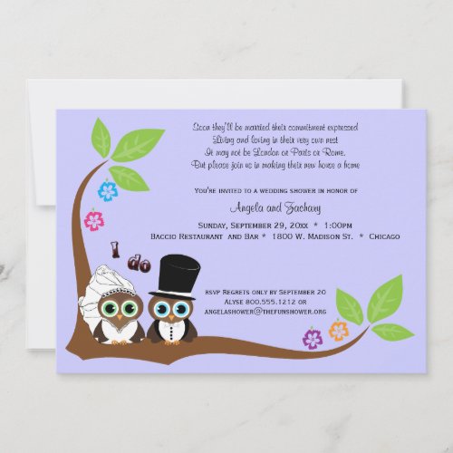 Bride And Groom Owls Lavender Background Shower Custom Announcements