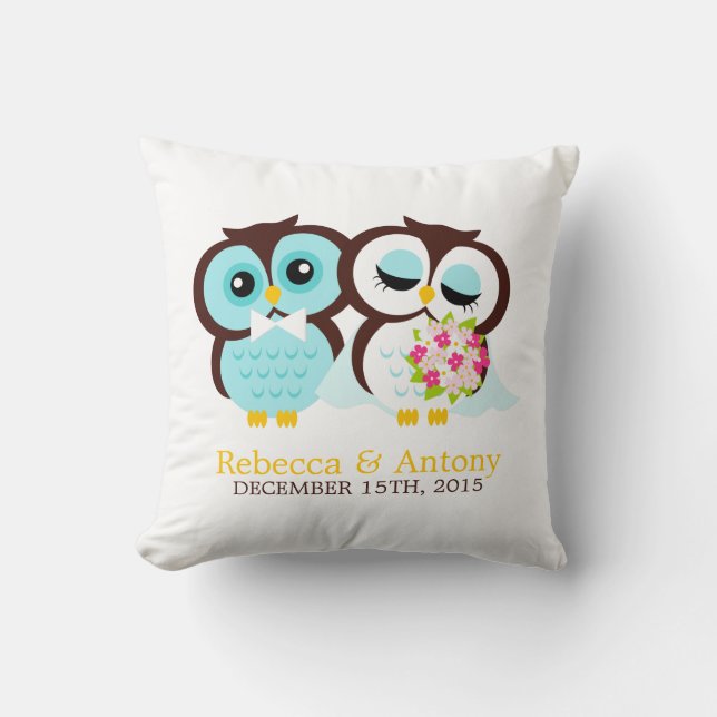 Bride and Groom Owls Throw Pillow (Front)