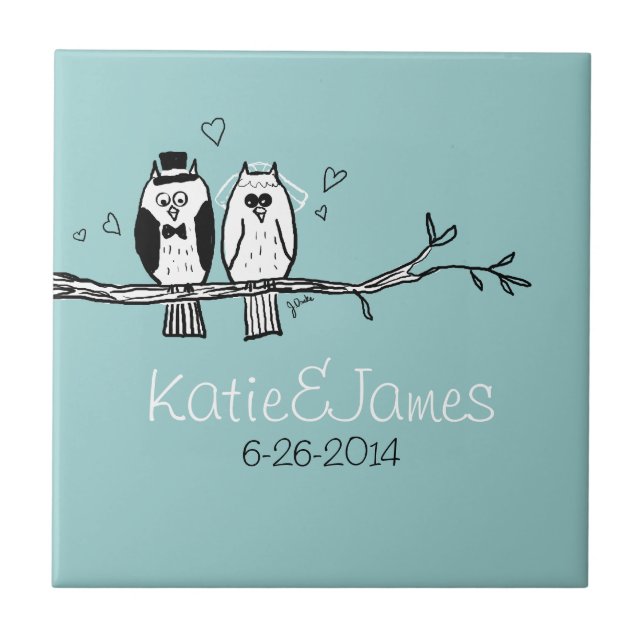 Bride and Groom Owls Wedding Ceramic Tile (Front)