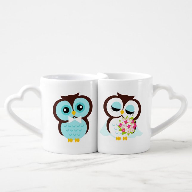 Bride and Groom Owls Wedding Personalized Coffee Mug Set (Front Nesting)