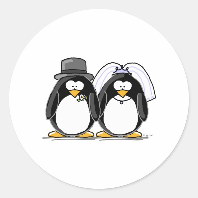 Bride and Groom Penguins Classic Round Sticker (Front)