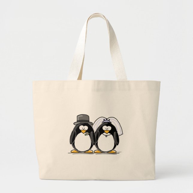 Bride and Groom Penguins Large Tote Bag (Front)
