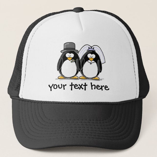 Bride and Groom Penguins with personalized text Trucker Hat (Front)