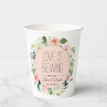 Bride and Groom Personalized Coffee Paper Cups<br><div class="desc">This custom paper cup design makes a great party supply for weddings, bridal showers or engagement parties. It features a title "Love is Brewing" with a text template to personalize with the bride and groom's names and wedding date. The background in the center of the design is a feminine blush...</div>