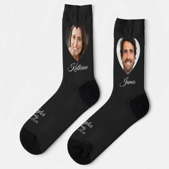Bride and Groom Picture Name Dark Photo Socks (Left)