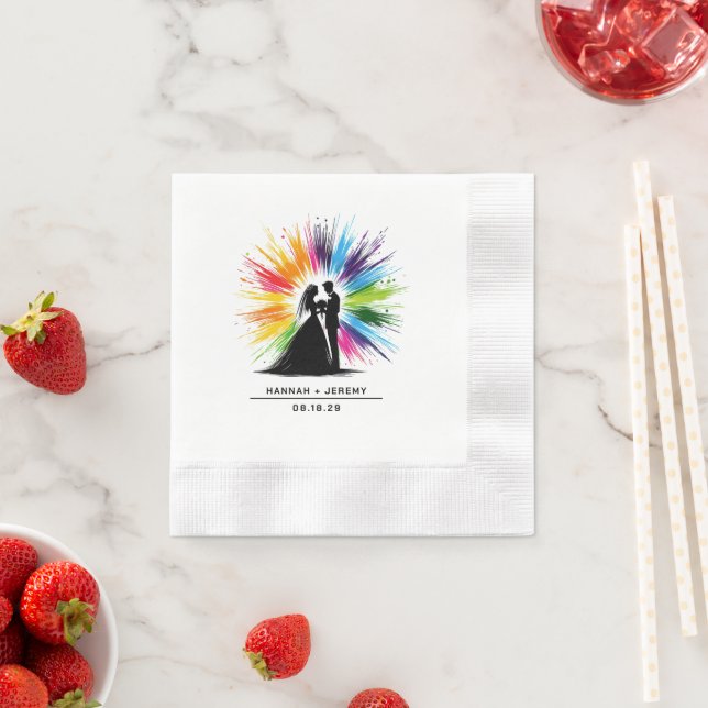 Bride and Groom Rainbow Burst Wedding Napkins (Insitu)