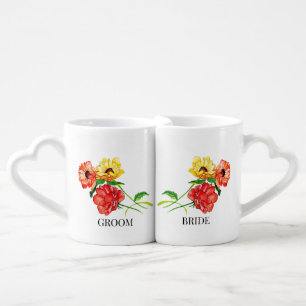 Bride and Groom Red Yellow Gerbera Daisy Coffee Mug Set