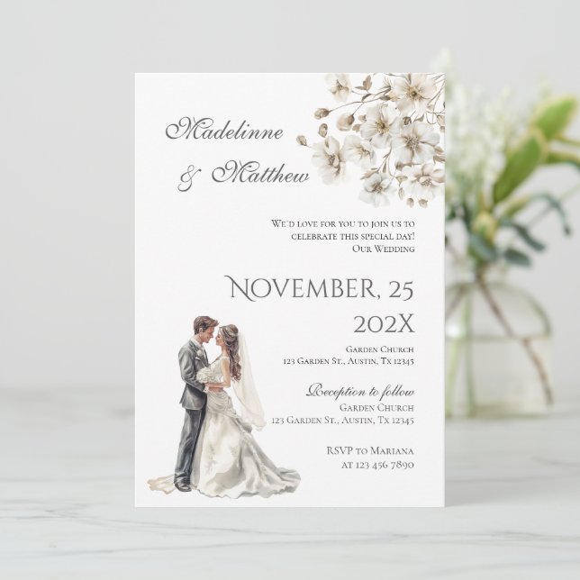 Bride and groom silhouet Floral Wedding Invitation (Standing Front)