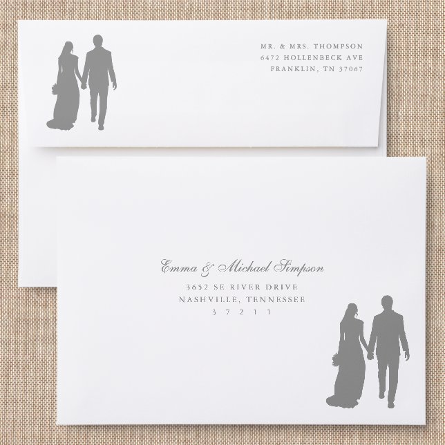 Bride and Groom Silhouette Addressed Envelopes (Linen)