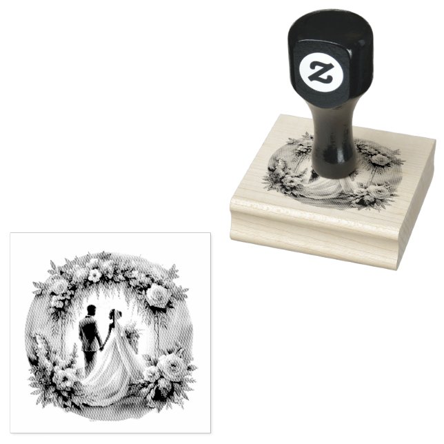 Bride and Groom silhouette Floral Wedding Rubber Stamp (Stamped)
