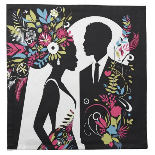 Bride and groom silhouettes illustration cloth napkin