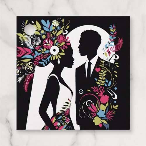 Bride and groom silhouettes illustration favor tags