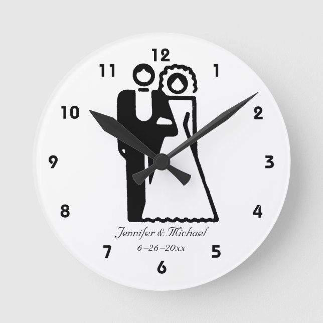 Bride And Groom Silhouettes Personalized Wedding Round Clock (Front)