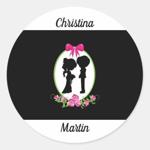 Bride and Groom Silhouettes with Names Classic Round Sticker