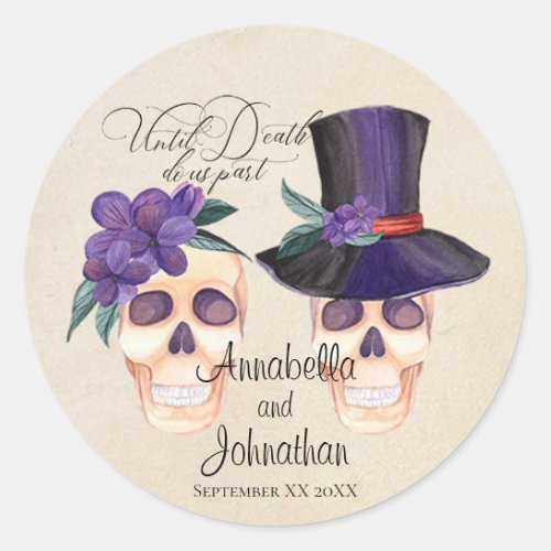 Bride and Groom Skulls Halloween Theme Wedding Classic Round Sticker