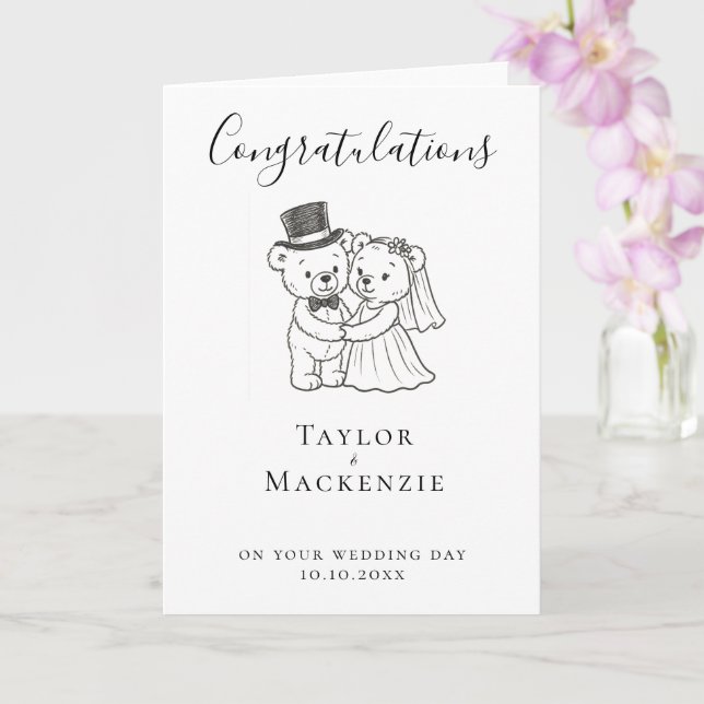 Bride and Groom Teddy Bear Congratulations Wedding Card (Orchid)