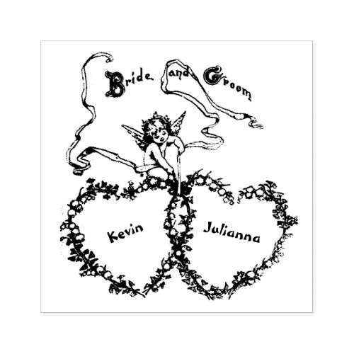 Bride and Groom Vintage Wedding Angel and Hearts Rubber Stamp
