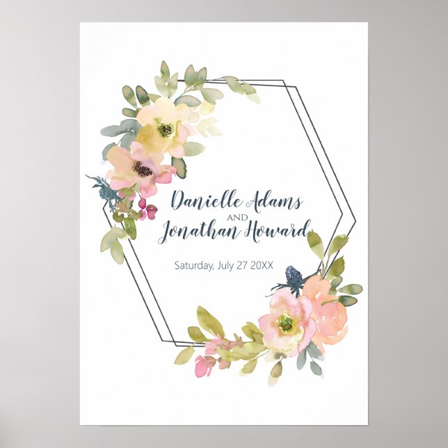 Bride and Groom Watercolor Geometric Floral Poster (Front)