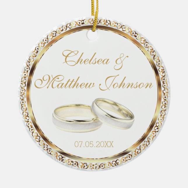 Bride and Groom Wedding Bands Keepsake Ceramic Ornament (Front)