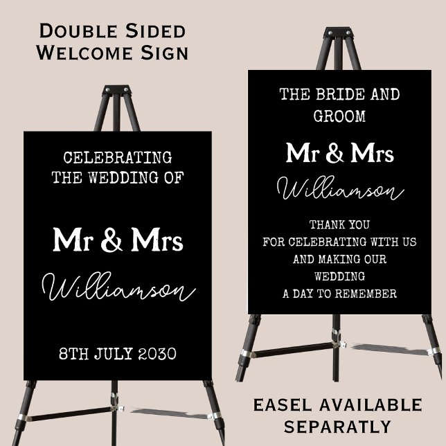 Bride And Groom Wedding Black Welcome Sign (Front And Back)