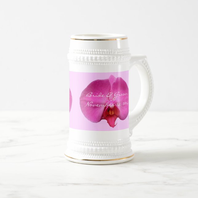 Bride and Groom Wedding Date Pink Orchid Beer Stein (Front Right)