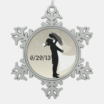 Bride And Groom Wedding Date Snowflake Pewter Christmas Ornament by KitzmanDesignStudio at Zazzle