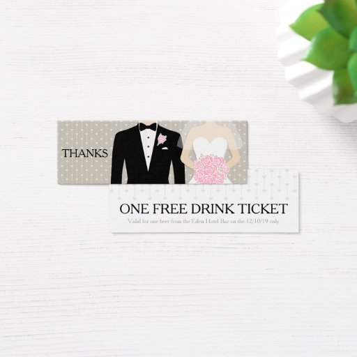 Customizable Bride and groom wedding free drink voucher card business card