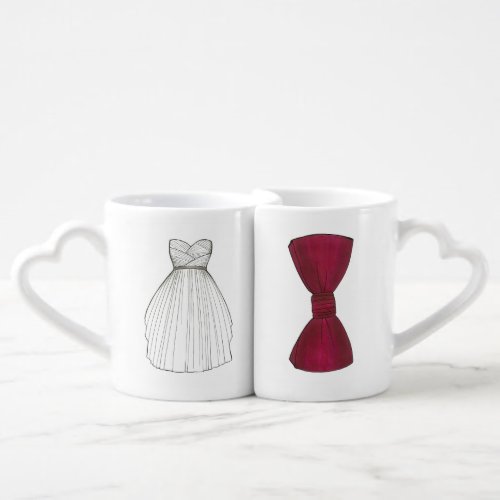 Bride and Groom Wedding Gown Bowtie Couple Gift Coffee Mug Set