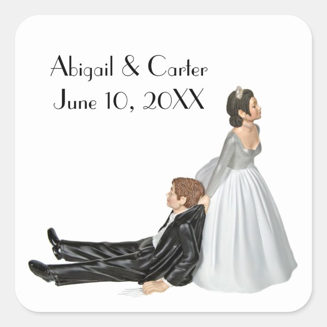 Bride and Groom Wedding Humor On White Square Sticker (Front)