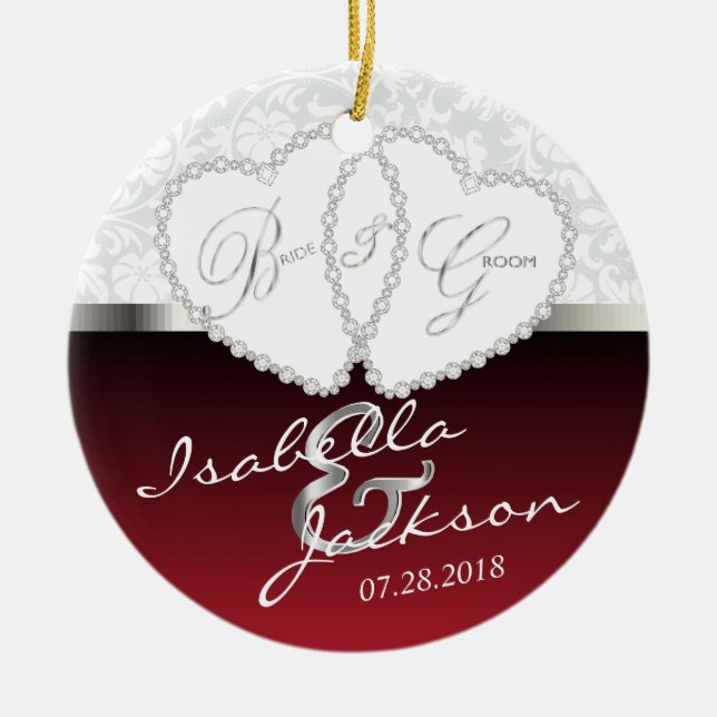 Bride and Groom Wedding Keepsake - Dark Red Ceramic Ornament (Front)