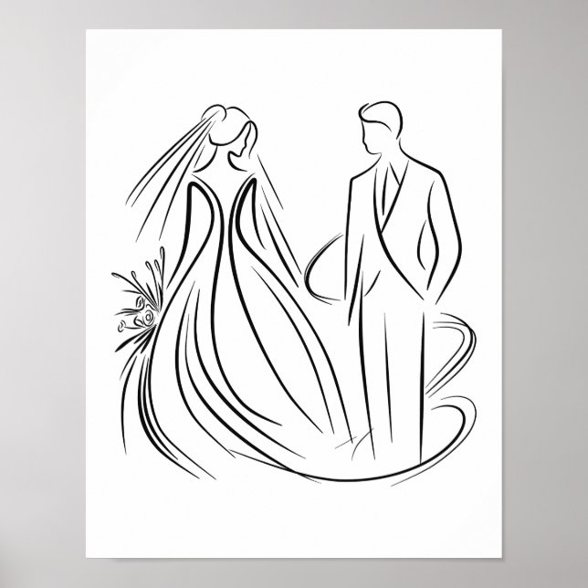 "Bride and Groom Wedding Line Art Black and White Poster (Front)