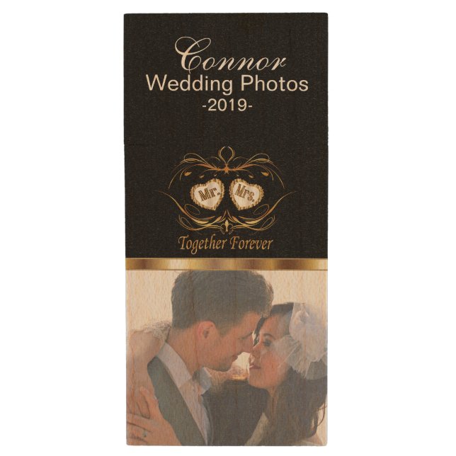 Bride and Groom Wedding Photo Design Wood USB Flash Drive (Front Vertical)