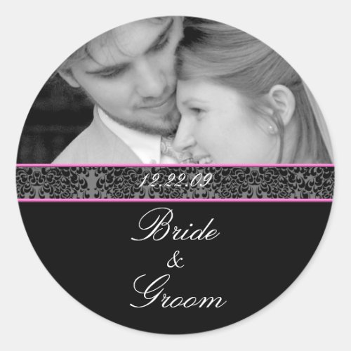 Bride and Groom Wedding Pink Trim With Your Photo Classic Round Sticker