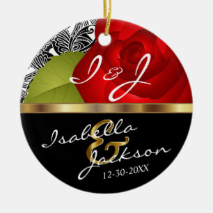 Bride and Groom Wedding Red Rose Keepsake Ceramic Ornament