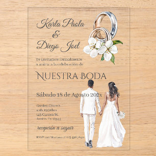 Bride and groom wedding with rings in Spanish Acrylic Invitations