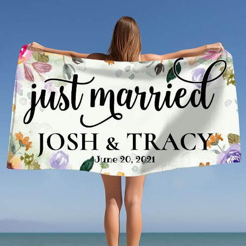 Bride and Groom Wifey and Hubby Just Married Beach Towel