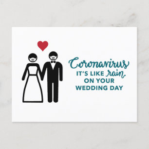 Bride and Groom with Mask Like Rain Text Announcement Postcard