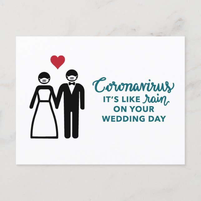 Bride and Groom with Mask | Like Rain Text Announcement Postcard (Front)