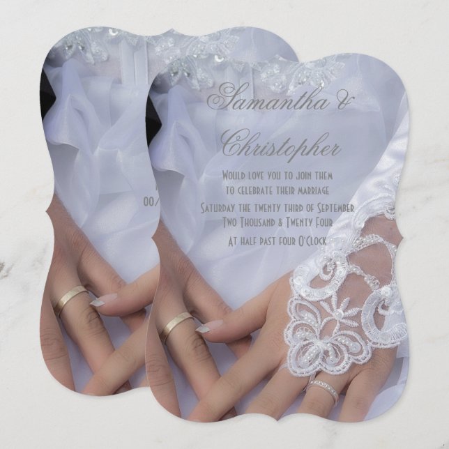Bride and grooms hands and rings wedding invitation (Front/Back)