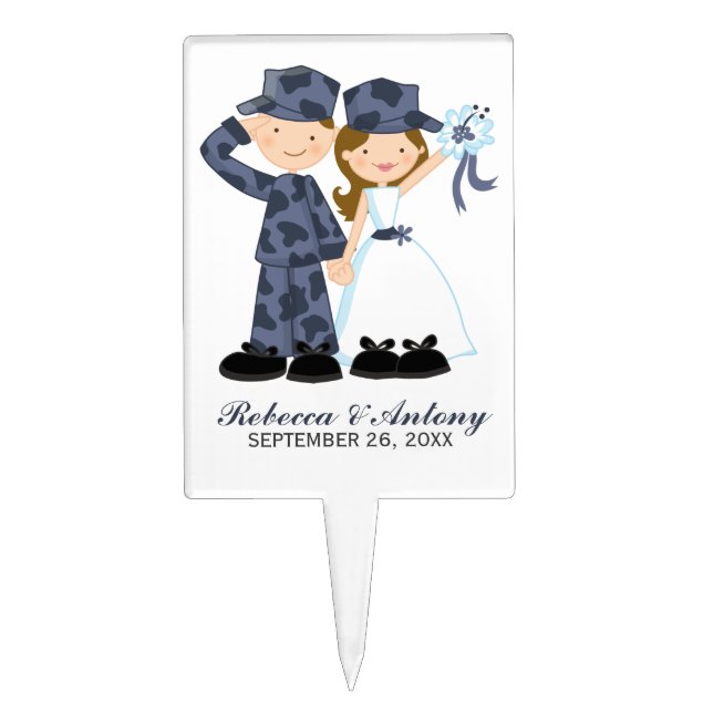 Bride and Soldier in Blue Camouflage Wedding Cake Topper (Front)