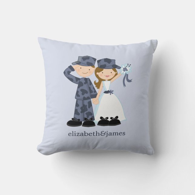 Bride and Soldier in Blue Camouflage Wedding Throw Pillow (Front)