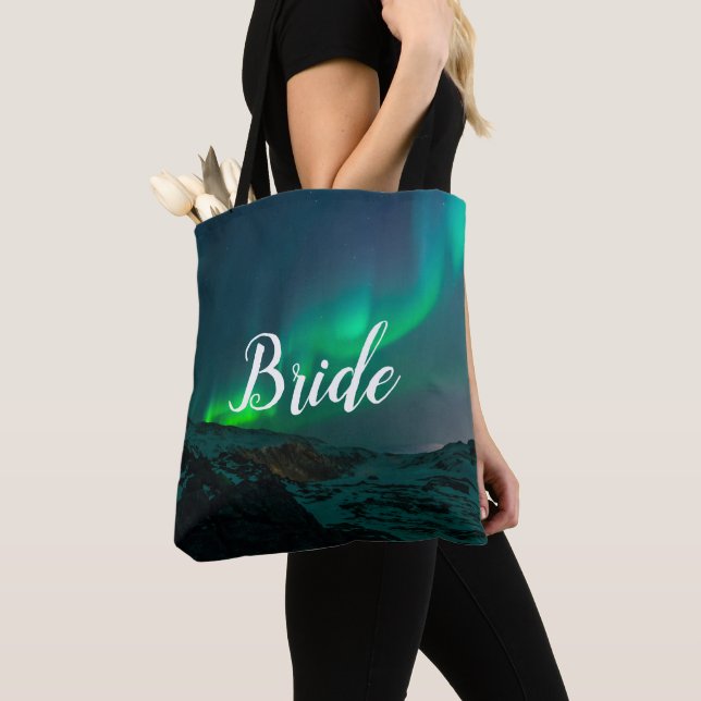Bride Aurora Lights Script Elegant Wedding Tote Bag (Close Up)