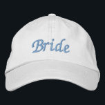 Bride baseball cap<br><div class="desc">Bride white baseball cap, with blue embroidered text. Customize with different colors or text!</div>