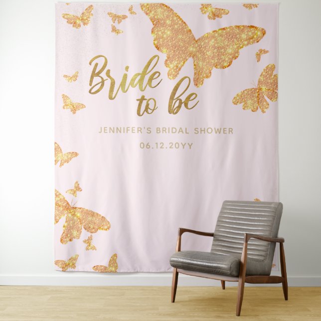 Bride Be Boho Gold Butterfly Pink Bridal Backdrop (In Situ)