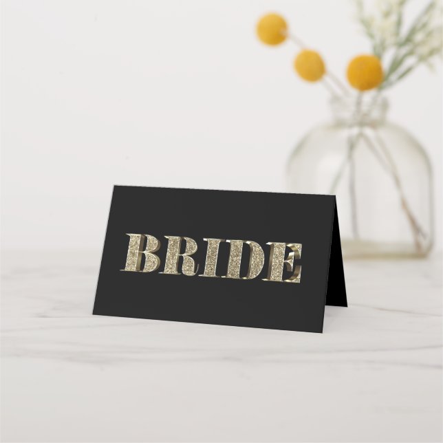 Bride  Black and Gold Golden Glitter Typography Place Card (Front)